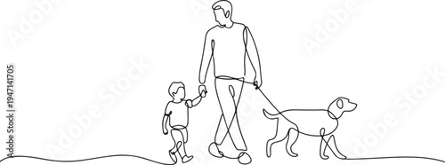 continuous single drawn one line of dad with child and dog hand-drawn picture silhouette. Line art. a man on a walk with his son and a dog. one line Icon drawing