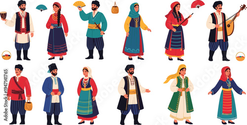Traditional folk costume people collection with musicians dancers fans and cultural clothing historical festival characters cartoon vector illustration set for heritage events