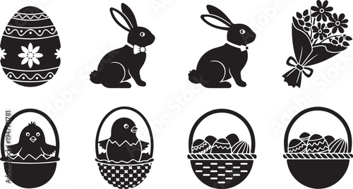 Easter-themed illustrations featuring bunnies, eggs, and baskets isolated on transparent background, isolated on white background, Vector