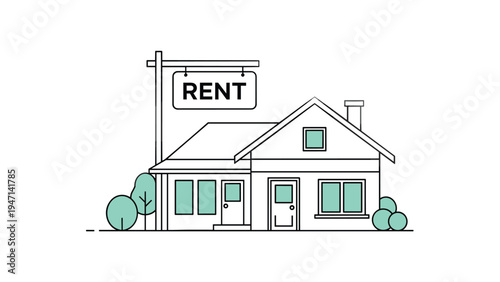 Small residential house with a large rent sign on a pole outside in a clean line art style for real estate and rental property.