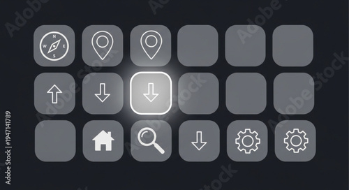 Collection of navigation and interface icons on a dark background.