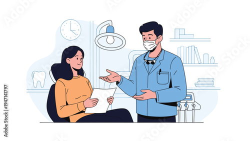 Male dentist in a blue uniform and face mask talking to a female patient about her dental health in a modern clinic environment.