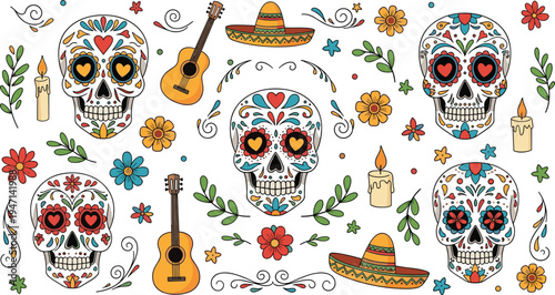 Day of the Dead Sugar Skull Vector Illustration Set with Floral Decorations, Guitar, Sombrero and Mexican Festive Elements