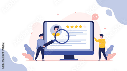 Small people using magnifying glass to check user profile rating with four stars on computer monitor for evaluation.