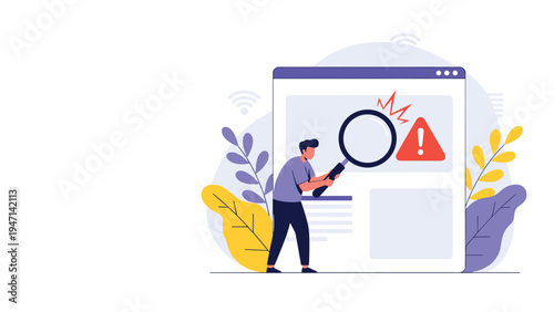 Person examining alert notification on webpage with magnifying glass for website error and technical issues analysis.
