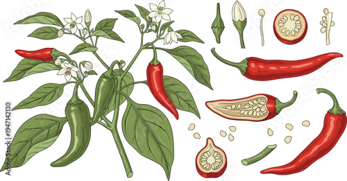 Hand Drawn Chili Pepper Botanical Vector Illustration Set with Pepper Plant, Red and Green Chilies, Seeds and Blossoms