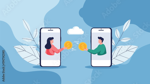 Digital money transfer between two people through smartphones with flying coins and cloud connection in flat design.