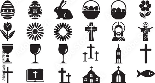 Collection of religious and easter icons and symbols in black and white isolated on transparent background, isolated on white background, Vector