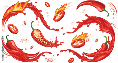 Spicy Chili Pepper Sauce Splash Vector Illustration Set with Red Hot Peppers, Fiery Liquid Motion and Cooking Ingredient Elements