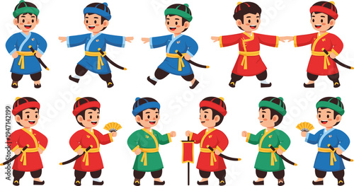 Cute traditional warrior boy character collection wearing colorful cultural costumes with sword fan and flag cartoon kids historical soldier vector illustration set