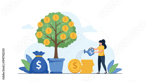 Young woman watering money tree growing with gold coins from pot for long term investment and wealth accumulation.