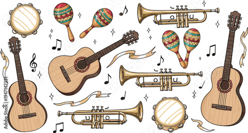 Mexican Music Instrument Vector Illustration Set with Guitar, Trumpet, Maracas, Tambourine and Musical Notes Traditional Fiesta Collection