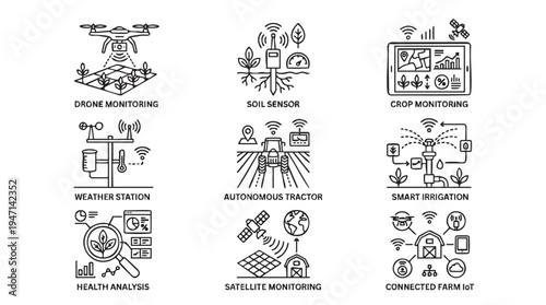 Essential vector graphic icons illustrating modern precision agriculture technology systems featuring drone monitoring, autonomous tractors, and smart irrigation solutions.