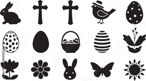 Easter-themed icons featuring bunnies, eggs, and religious symbols isolated on transparent background, isolated on white background, Vector