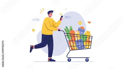 Happy man pushing shopping cart full of grocery products while using smartphone for online checklist and payments.