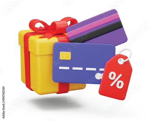 Shopping reward gift box with credit cards and discount tag representing loyalty program benefits online commerce retail sales and special offers promo