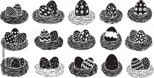 A collection of intricately designed easter eggs nestled in woven nests isolated on transparent background, isolated on white background, Vector