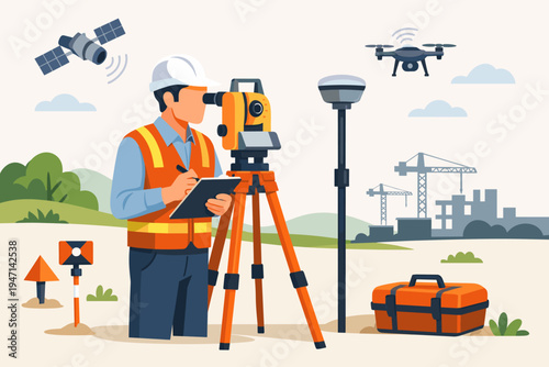 Professional Land Surveyor Engineer Using Total Station Equipment on Construction Site with Drone and Satellite Technology for Topographical Mapping, Civil Engineering, and Land Development.