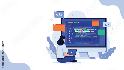 Creative woman sitting on floor coding and developing software on large computer monitor with programming blocks.