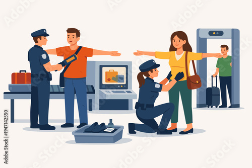 Airport Security Checkpoint with Officers Inspecting Male and Female Passengers Using Metal Detectors and X-ray Scanners. Flat Vector Illustration of Travel Safety and Security Procedures.