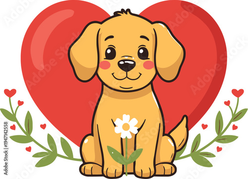 Cute cartoon puppy with heart flower and leaves vector illustration love pet animal valentine celebration affectionate design