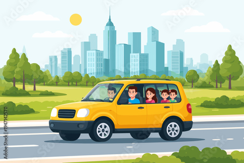 Happy Family with Children Traveling in a Yellow SUV on a Road Trip with a Modern City Skyline and Green Park in the Background, Flat Vector Illustration of Summer Vacation and Urban Travel.