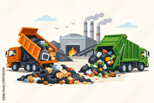 Industrial waste management scene with an orange dump truck and green garbage truck unloading piles of garbage, tires, and boxes at a recycling plant or incineration facility with smokestacks.