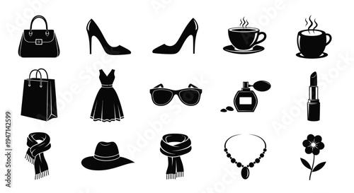Collection of fashion and beauty icons including accessories and lifestyle items on white background