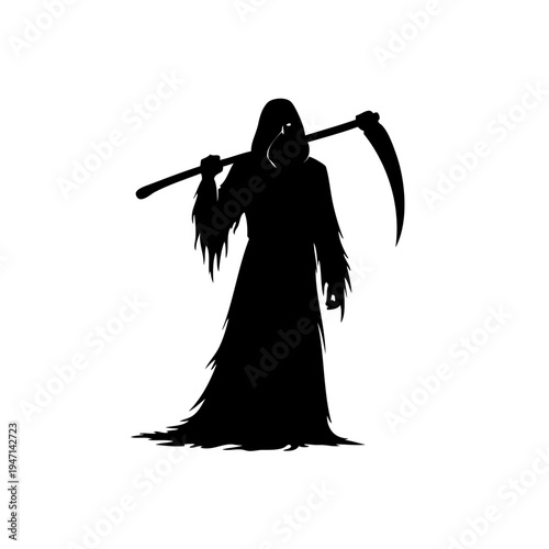 A grim reaper holding a scythe and a lantern, standing in a dark and ominous manner.