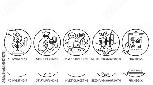 Essential venture capital and startup funding lifecycle stages illustrated through clean black and white vector icons representing investment, meetings, and growth strategy presentation.