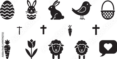 Easter icons, black, 12 symbols, vector set, religious and festive elements isolated on Transparent Background