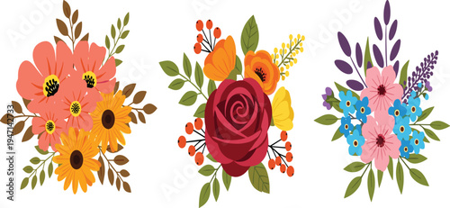 Colorful Floral Bouquet Vector Set Featuring Rose, Wildflowers and Leaves for Botanical Arrangements, Wedding Decoration and Spring Design