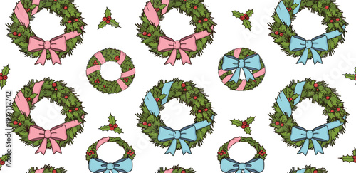 Christmas Wreath Vector Set with Pine Branches, Holly Berries and Decorative Ribbon Bows for Holiday Decoration and Festive Design