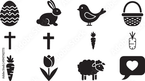 Easter icons, black vector set, symbols, decorations, holiday elements isolated on Transparent Background