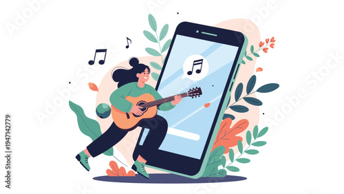 Musical woman playing acoustic guitar jumping out of large smartphone screen representing digital music app entertainment.