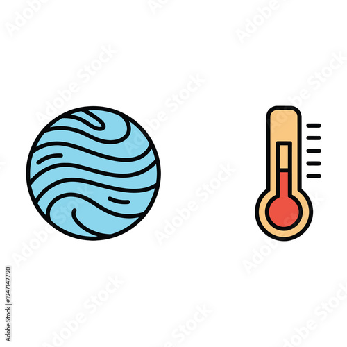 Climate change illustrated through temperature and water cycle symbols