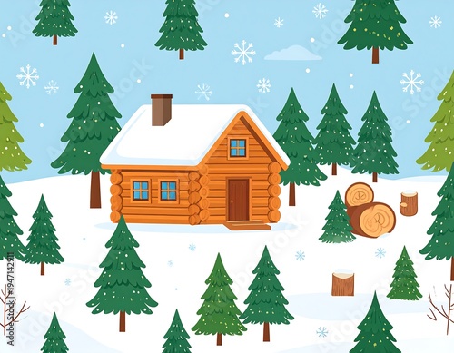 Cartoon illustration depicts a cozy wooden cabin nestled amidst snow-covered evergreen trees, winter scenery