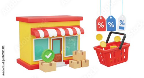 Digital storefront with red shopping basket cardboard delivery boxes gold coins and hanging discount labels for online marketplace retail operations