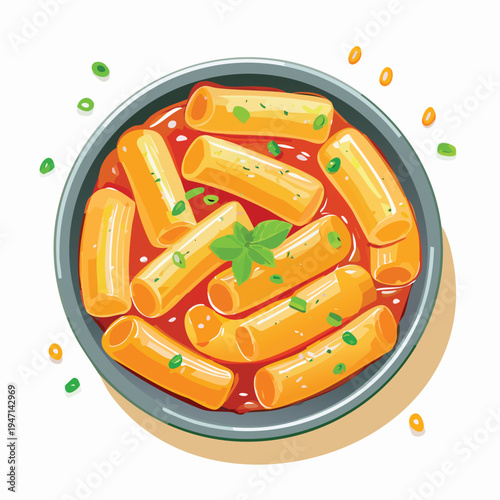 Pasta rigatoni with tomato sauce and basil on a plate vector illustration