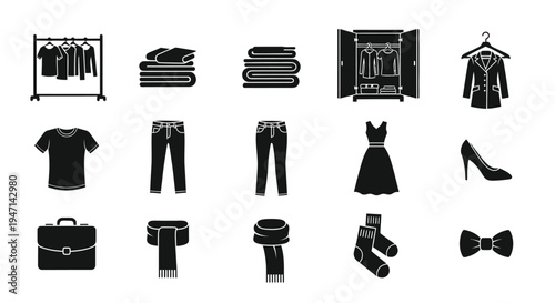 Collection of various clothing and fashion items icons on white background