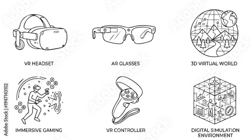 Collection of virtual reality and augmented reality technology icons including a headset, glasses, controller, gaming, and digital simulation environments in a linear vector design.