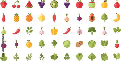 Flat Fruits and Vegetables Icon Vector Set Featuring Apple, Banana, Pepper, Onion, Broccoli and Healthy Food Collection