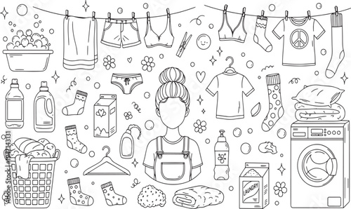 Laundry service housework chores washing machine detergent clothes line bubbles socks basket female character cleaning supplies hand-drawn vector illustration doodle art