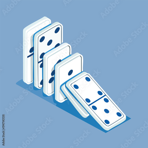 Isometric domino effect illustration on blue background for conceptual design