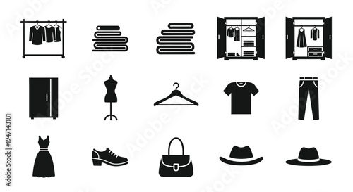 Collection of various clothing and fashion items icons on white background