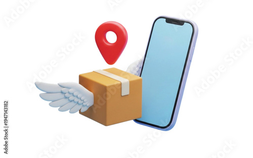 Mobile delivery app concept featuring smartphone with winged cardboard package and red location pin for fast shipping tracking and logistics services