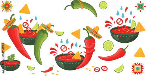 Mexican Salsa and Chili Pepper Vector Illustration Set with Nachos, Lime Slices, Sombrero Hat and Spicy Food Elements