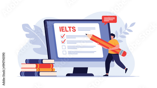 Person taking IELTS exam on computer screen with giant pencil for English language proficiency test concept.