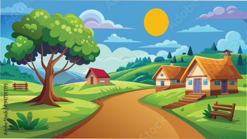 A peaceful rural landscape featuring a dirt path winding through green hills with small cottages