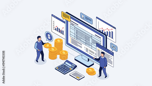Isometric view of people managing taxes and financial accounts on computer with coins and data charts.